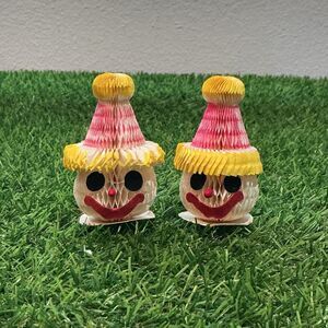 Vintage Honeycomb Paper Clown Decorations Pair Mid Century Party Carnival 3”